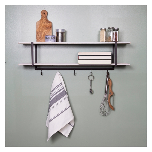 wooden wall shelf with hooks