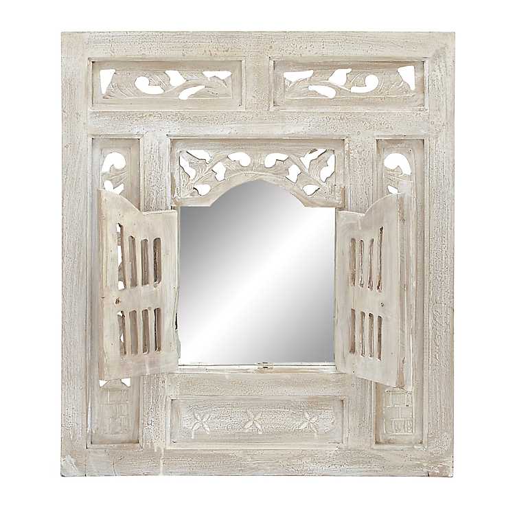 Hinged Door Distressed Arch White Wood, Distressed Door Wood Wall Mirror