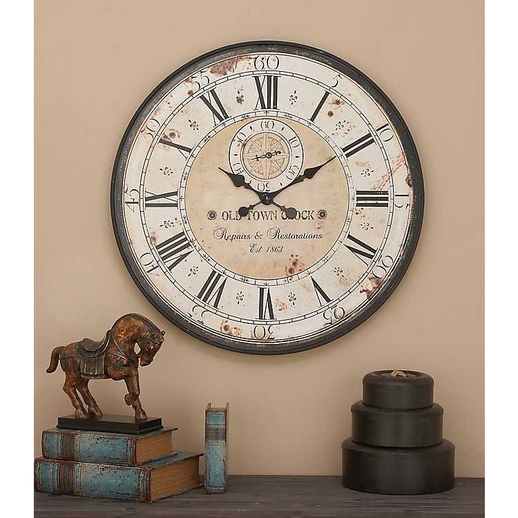 14 Diameter Distressed White Finish Deco 79 90756 Rustic Round Metal Old Town Analog Wall Clock