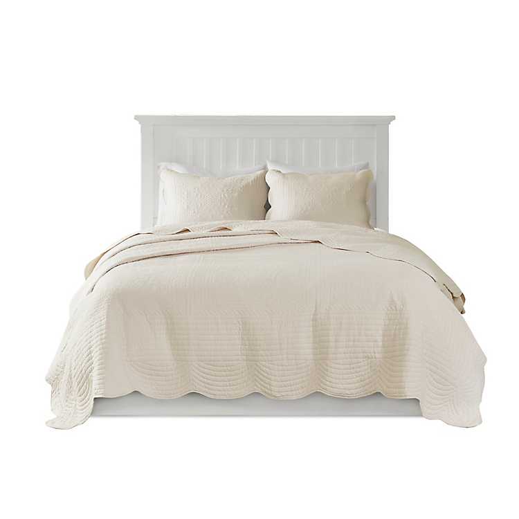 Sferra Coverlet Set 3p Scalloped Scrolling Matelassé Stonewashed Queen Ivory New 