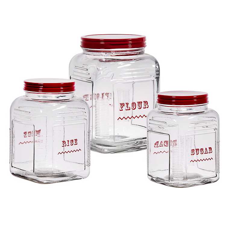 Flour, Rice, and Sugar Glass Canisters, Set of 3