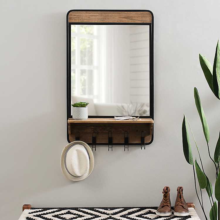 Industrial Wooden Wall Mirror With, Wood Framed Wall Mirror With Shelf