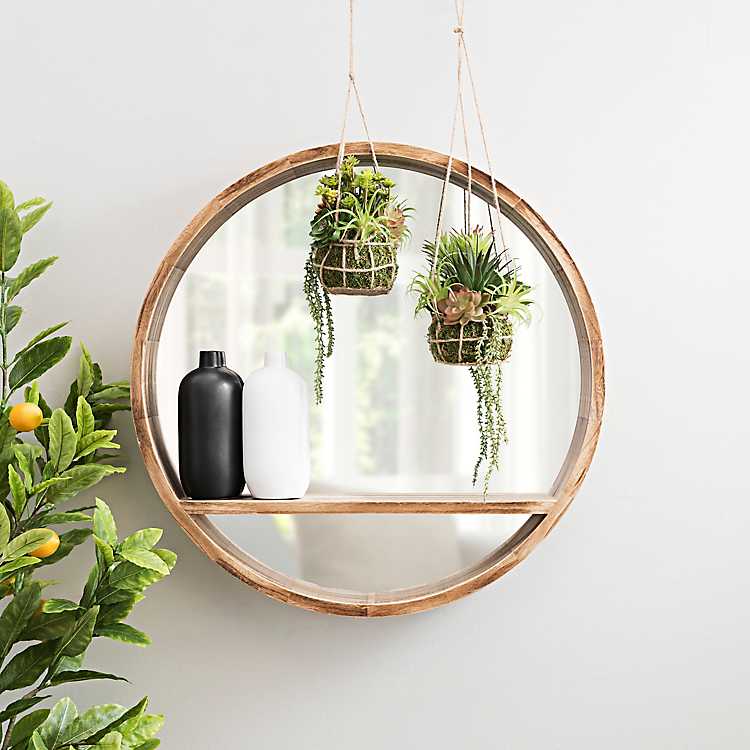 Round Wood Shelf Wall Mirror 27 5 In, Wooden Circle Mirror With Shelf