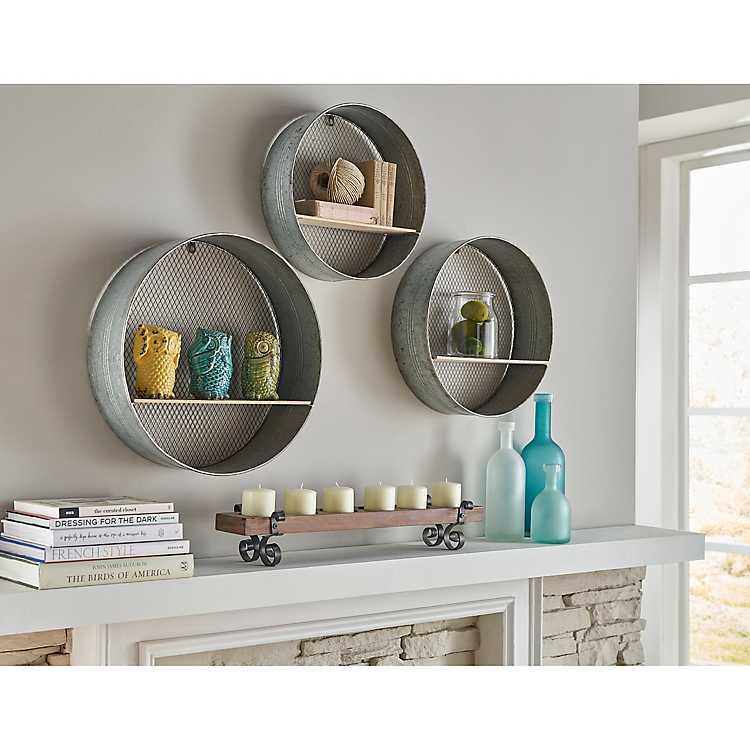 Round Wood And Metal Wall Shelves Set, Round Wall Art With Shelves