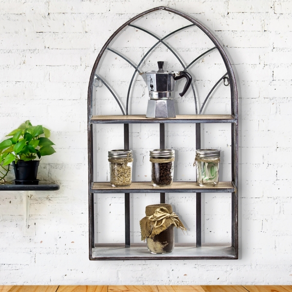 White Wood & Metal Arch Shelf with Hooks, Sold by at Home