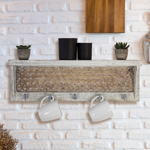 White Rustic Wood Wall Shelf With Hooks