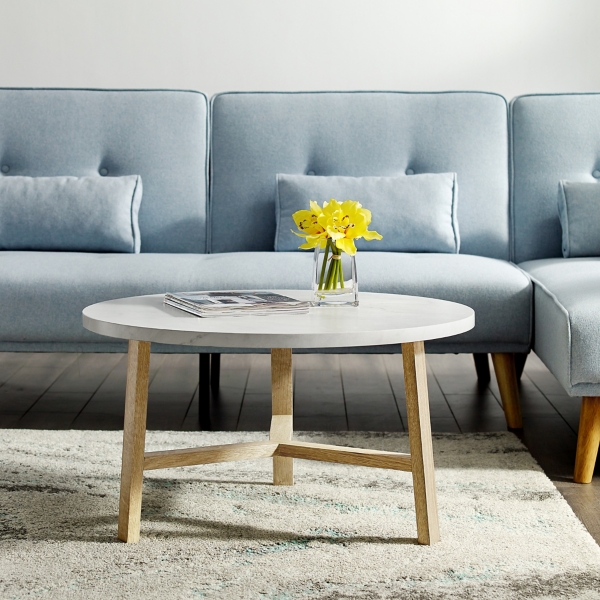 Round Faux Marble Coffee Table With Oak Legs Kirklands