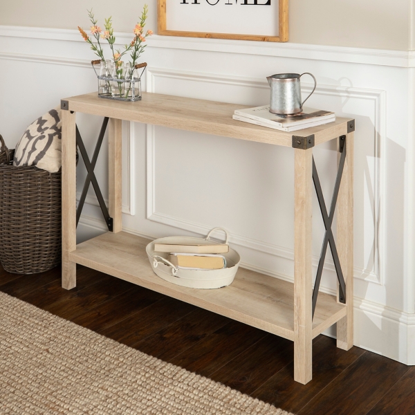 White and Rustic Oak Wood Farmhouse Console Table