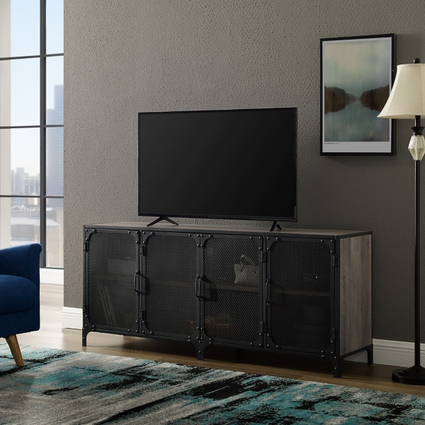 Industrial Metal Mesh Door Gray Wash Tv Stand Kirklands