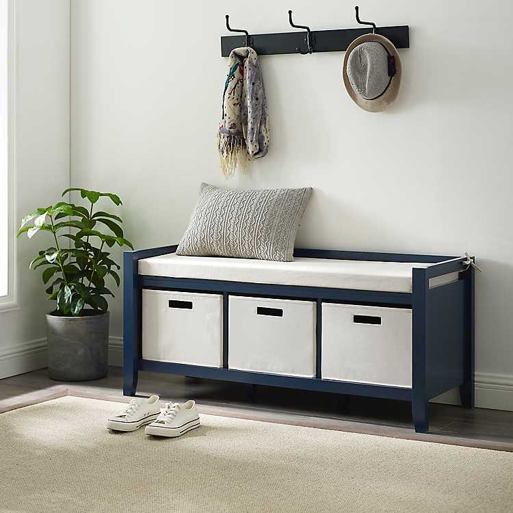 Lucy Navy Entryway Storage Bench With, Entryway Bench With Storage Baskets