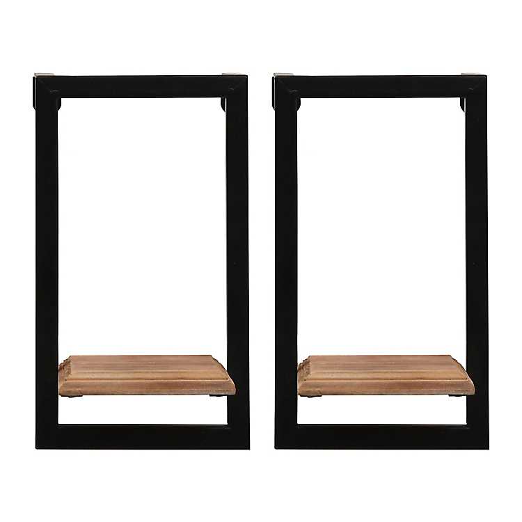 Open Metal Framed Wall Shelves Set Of, Wooden Shelves Metal Frame