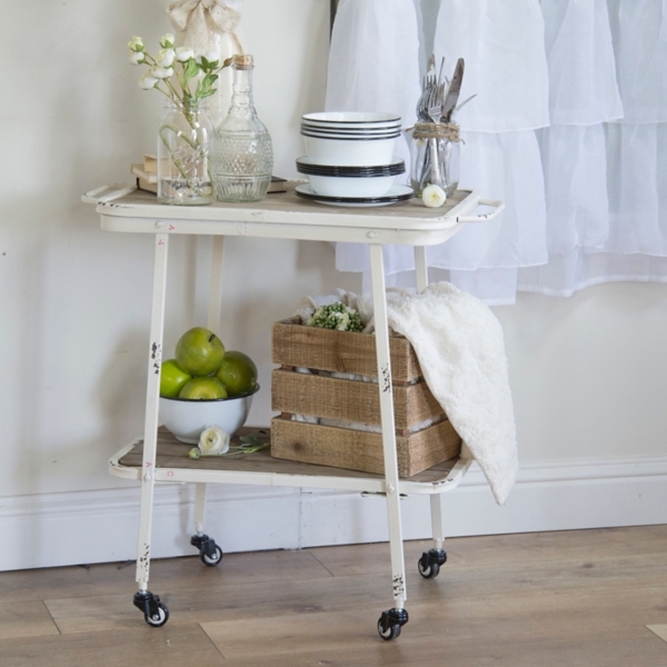 Distressed White Metal Frame and Wood Rolling Cart Kirklands Home