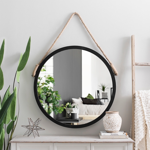 Round Wood Wall Mirror With Rope 32x35, Rustic Round Mirror With Rope