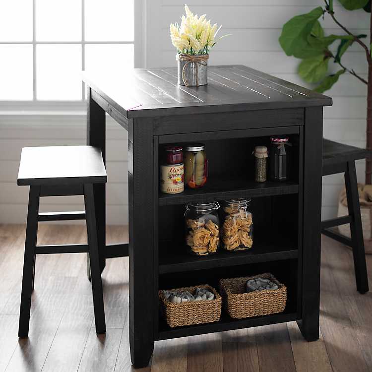 Black 3 Pc Franklin Kitchen Island And, Island Bar Table With Stools