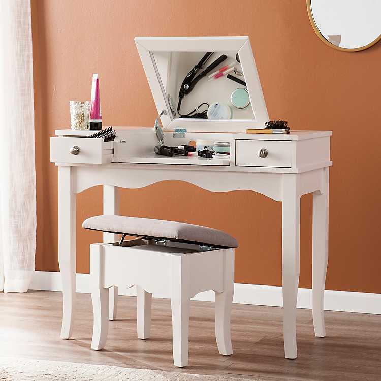 Ivory Folding Mirror Vanity 2 Pc Set, Foldable Mirror Vanity Desk