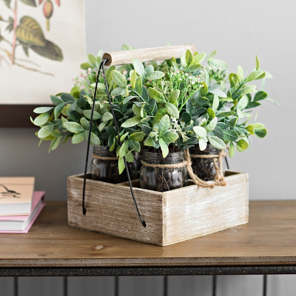 Greenery Arrangement in Mason Jars and Wood Tray Kirklands Home