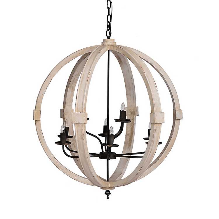 White Washed Open Sphere Chandelier, Whitewashed Wood Sphere Chandelier