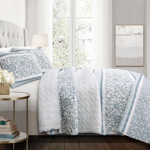 Blue Nisha Floral Full Queen 3 Pc Quilt Set Kirklands