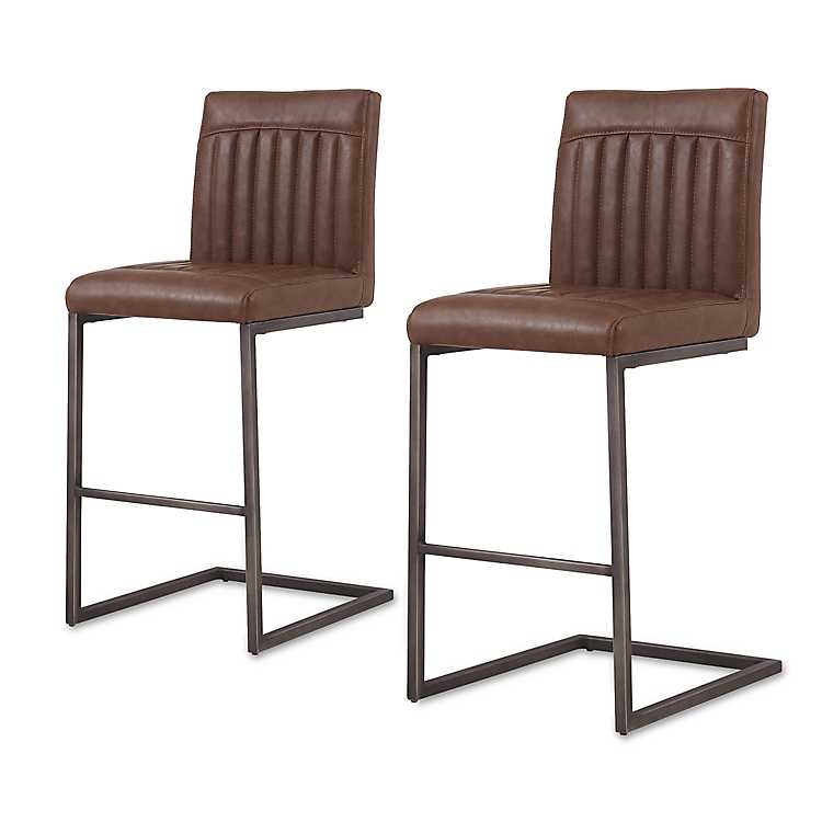 Brown Faux Leather Counter Stools Set, Brown Leather Bar Stools Set Of 2