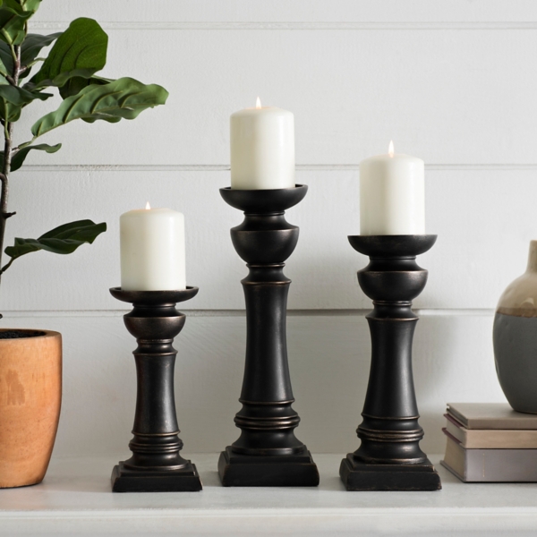 Rubbed Bronze Stick Candle Holders, Set 