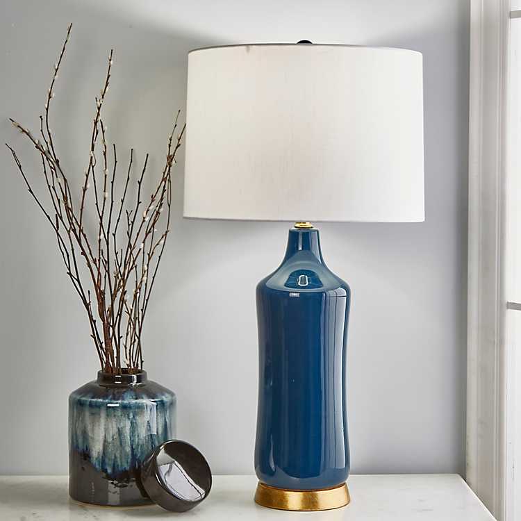 Blue Ceramic Table Lamp With Gold Base, Table Lamps Gold And Blue