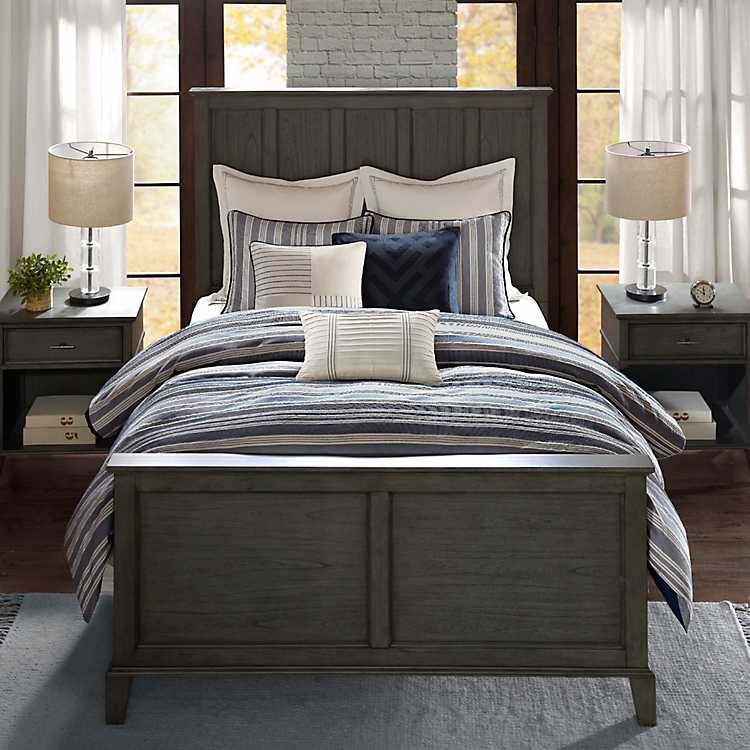 Ivory Stripe 8 Pc Queen Comforter Set, Navy Blue And Grey Queen Bed Set