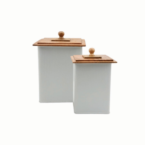 Beige Metal 2 Pc Canister Set With Wooden Lids Kirklands Home   205115