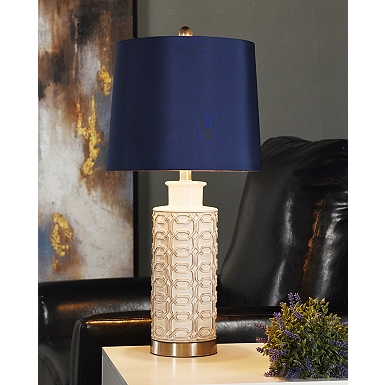 H-28.5H NAVY BLUE GLASS AND BRASS TABLE LAMP