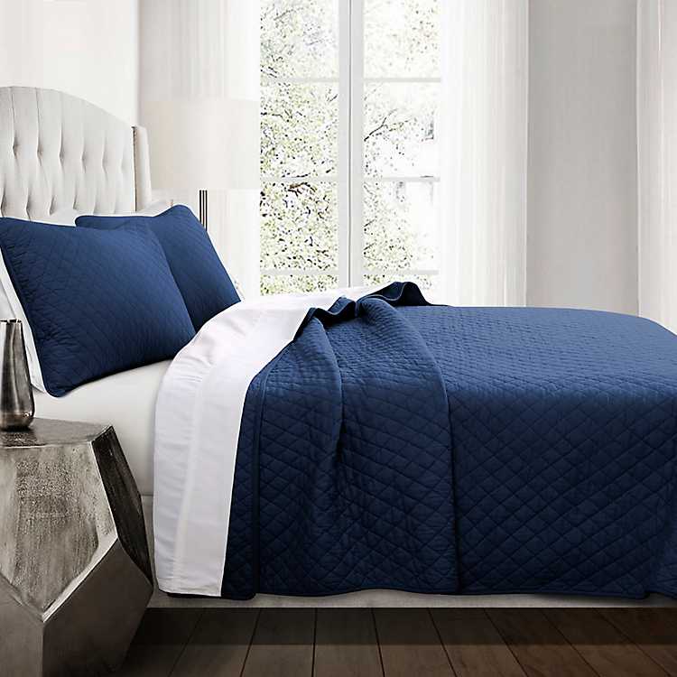 Navy Diamond Oversized 3 Pc King Quilt, Navy Blue Queen Bedspreads