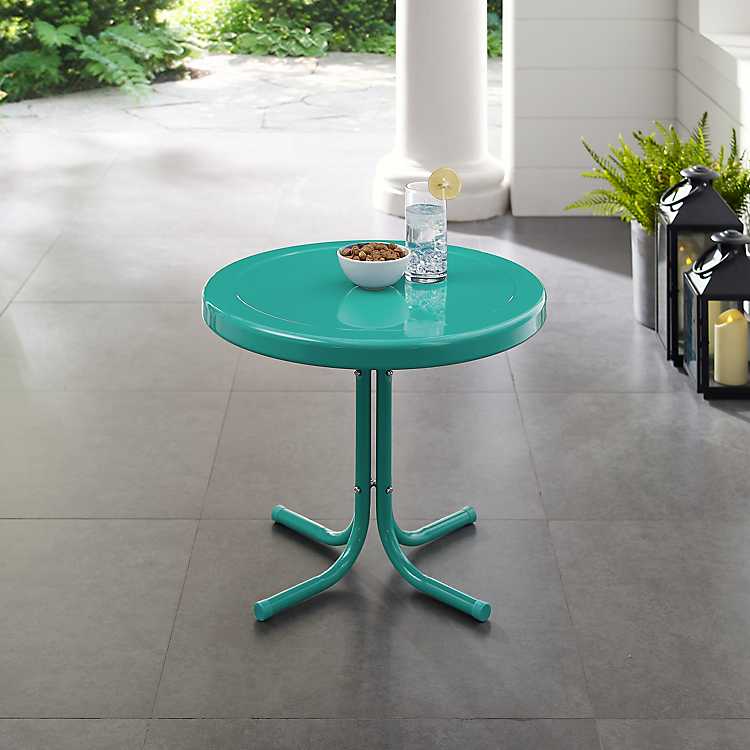 Turquoise Metal Outdoor Side Table, Turquoise Metal Outdoor Table