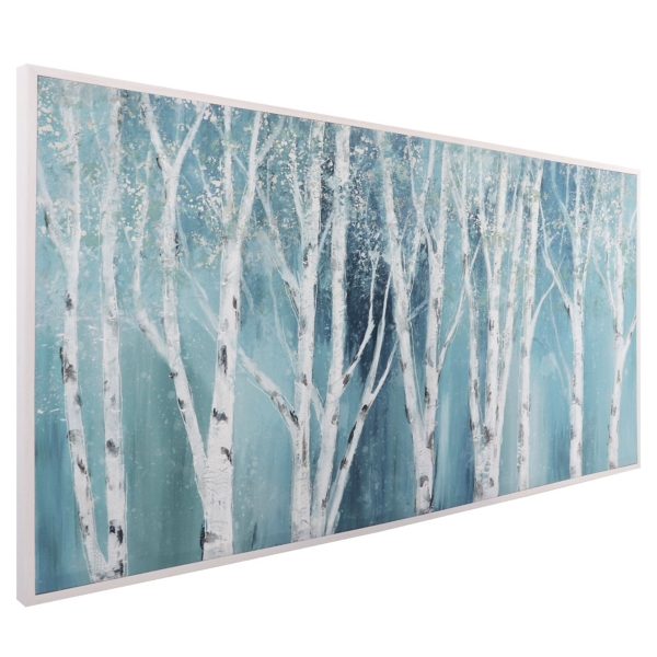 Soft Birch on Blue Framed Canvas Art Print by Nan Kirklands Home