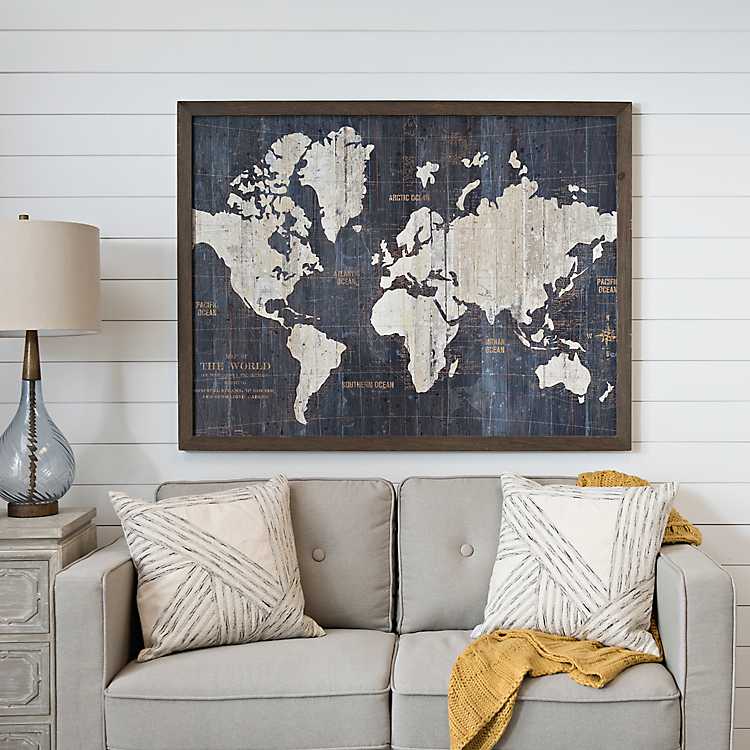 Old Blue World Map Modern Abstract Framed Wall Art Large Picture Prints 