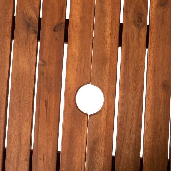 Brown Wood Slat Dining Table with Umbrella Insert