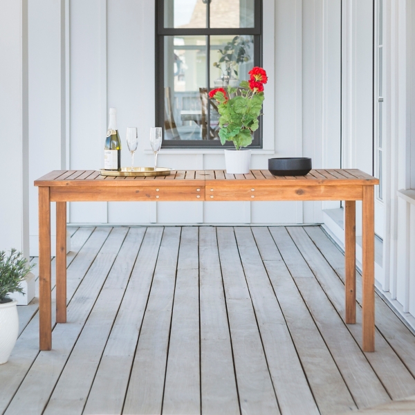 Brown Wood Slat Dining Table with Umbrella Insert