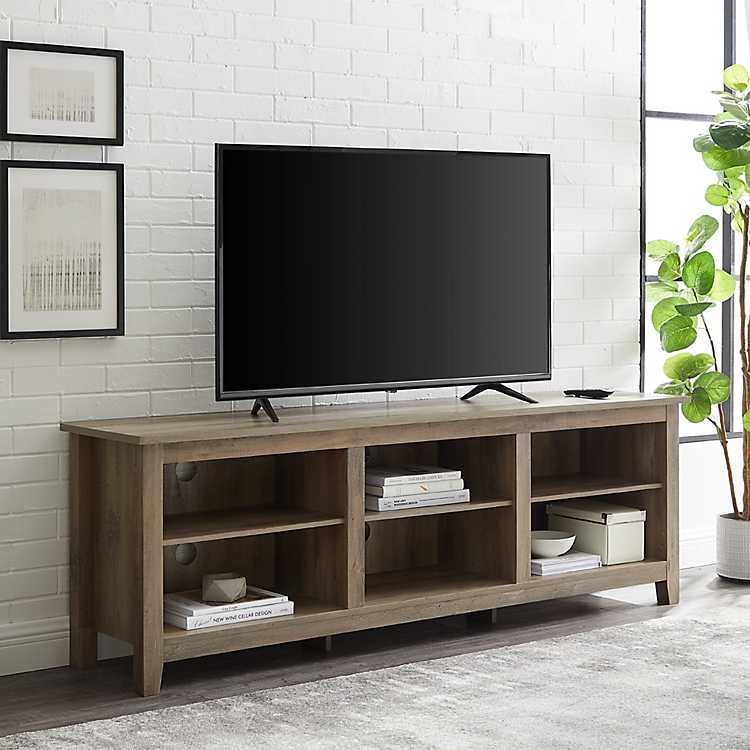Gray Wash Wood Open Shelf Tv Stand, Tv Console With Bookshelves