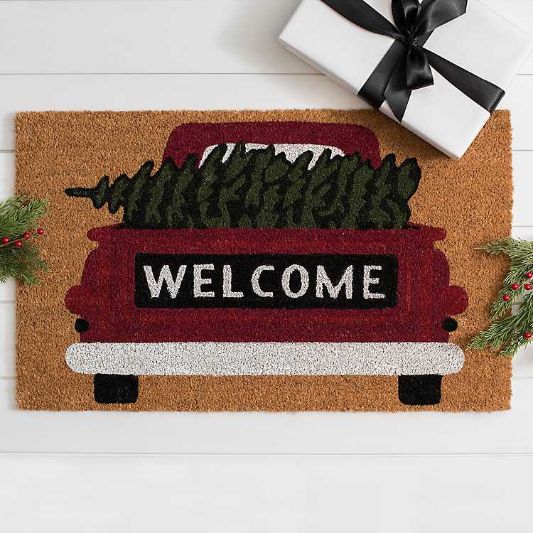 Merry Christmas Doormat Holiday Vintage Style Farmhouse Decor Truck Door Mat Front Entry Way Porch Laser Burnt Natural COIR 