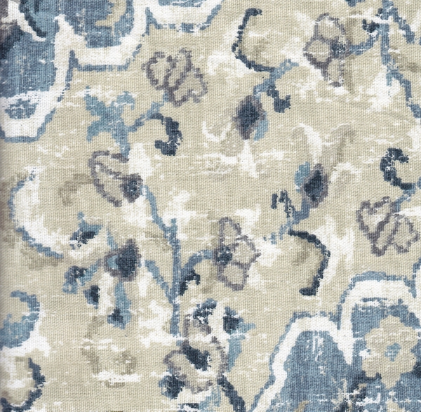 Blue Antiqued Medallion Swoop Arm Accent Chair