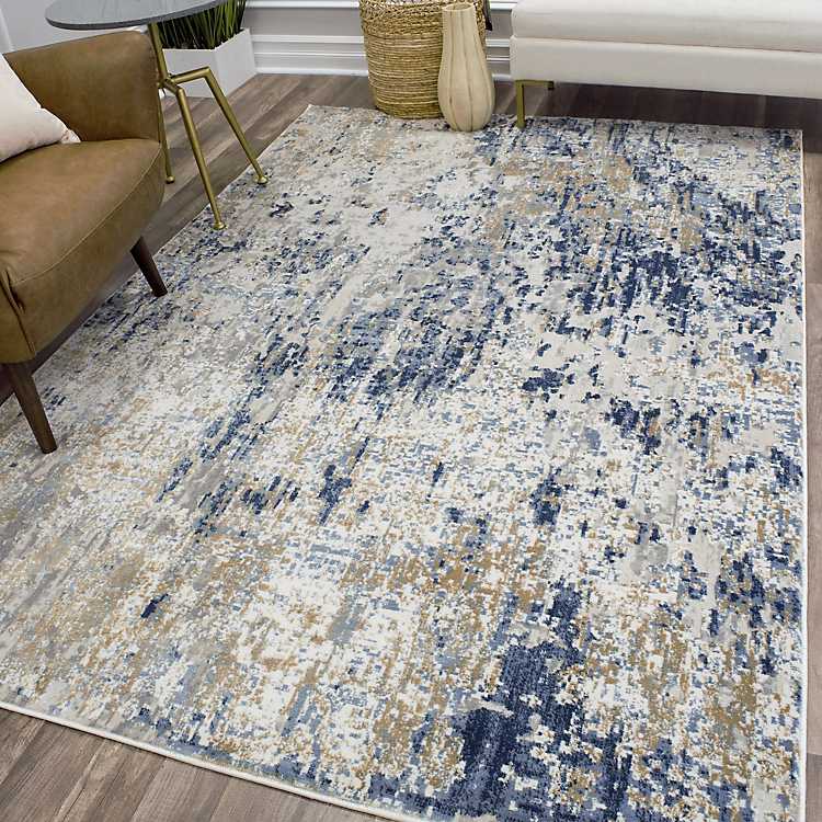 Gold Foil High Low Auden Area Rug 8x10, Blue And Ivory Rug