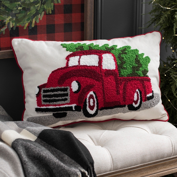 Old Red Truck or Horse Trailer Christmas Accent Pillow