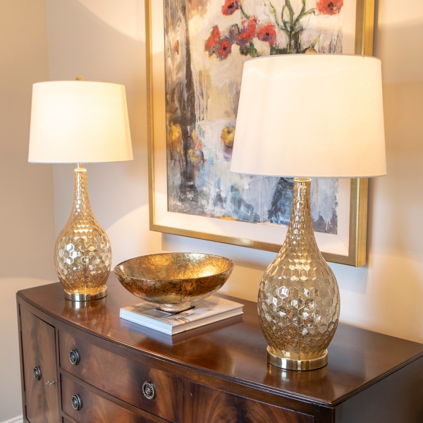 glass and gold table lamp