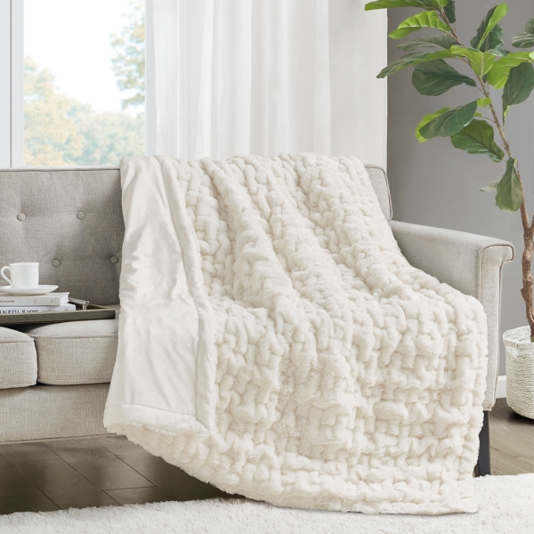 Ivory Ruched Fur Throw