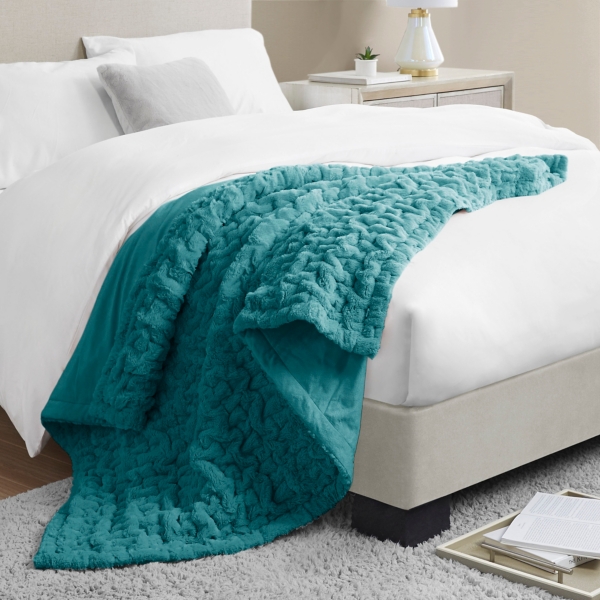 Teal Ruched Faux Fur Throw