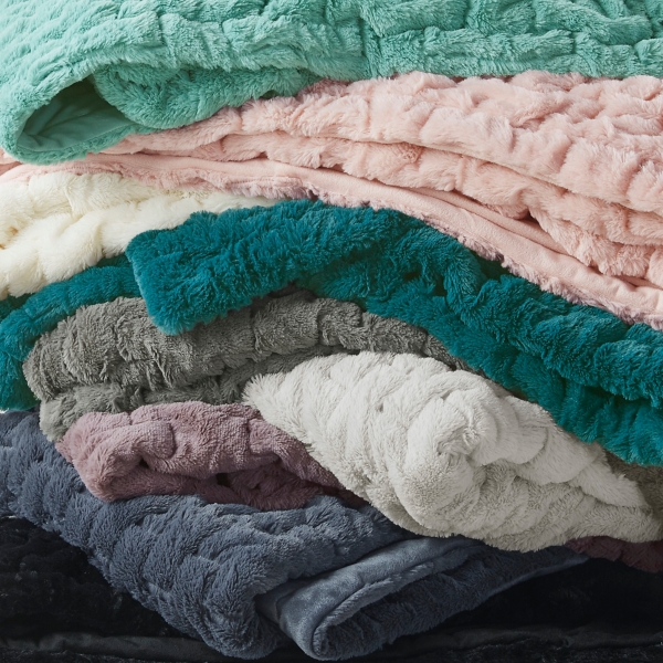 Teal Ruched Faux Fur Throw