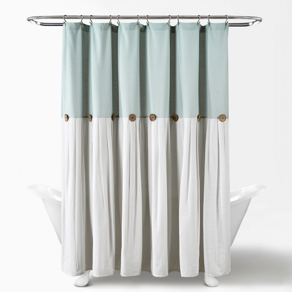 Blue and White Button Accent Linen Shower Curtain