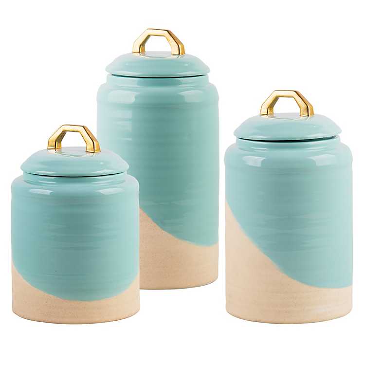 Two Tone Turquoise And Natural Canisters Set Of 3 Kirklands