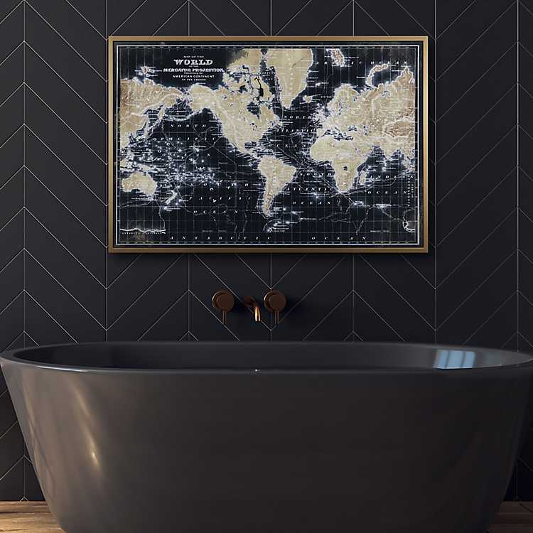 World Map On Black Framed Art Print, Black Framed Artwork For Bathroom