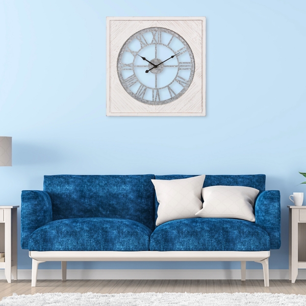 Metal And Whitewash Wood Cut Out Square Wall Clock Kirklands