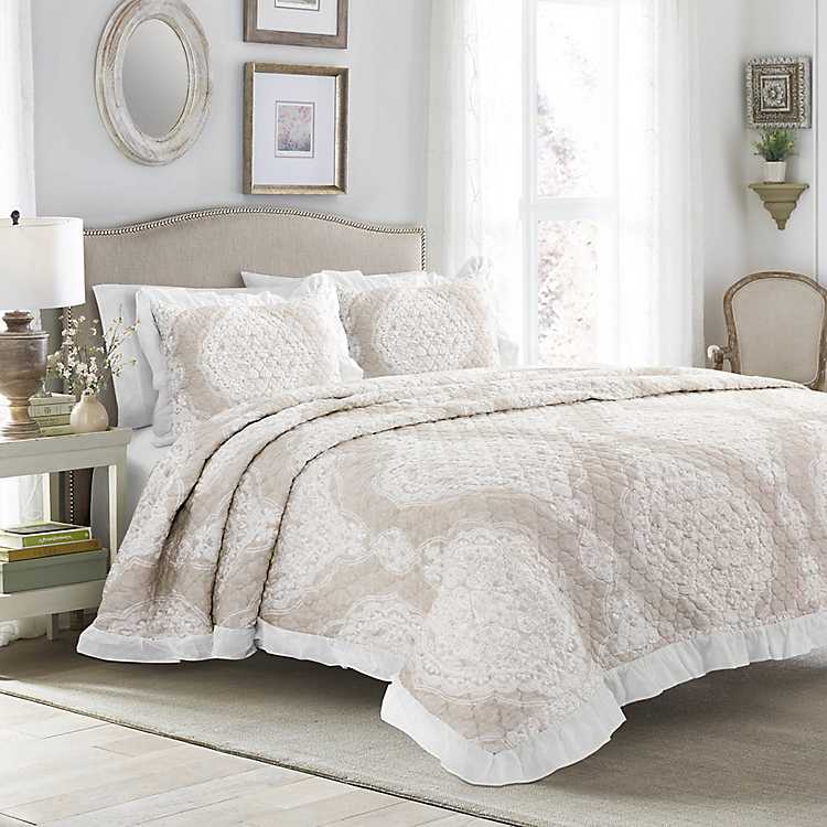 Queen Cal King Bed Beige Cream Ruffled Pintuck Pleat 8 pc Comforter Set Bedding
