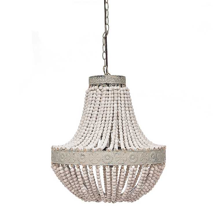 Distressed White Sa Beaded, Small White Wood Bead Chandelier