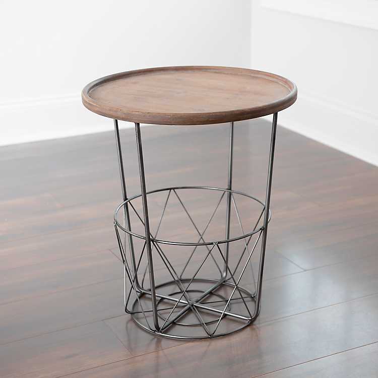 Brown Side Table With Metal Wire Basket, Round Wire End Table